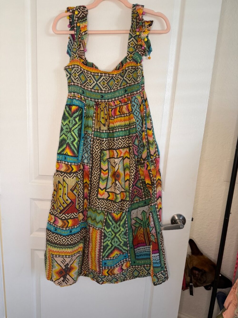 FARM Rio Mixed Prints Patchwork Dress-Midi-XS- Beaded-Tassels- XS- MSRP $325 - Picture 15 of 16